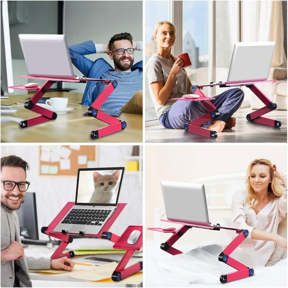 Adjustable Laptop Stand, Portable Foldable Aluminum Laptop Table Riser Stand Up/Sitting Desk with 2 Large Cooling Fans, Mouse Pad and USB Cord for Bed Sofa Couch Writing Reading Studying (Rose Red) - Image 2