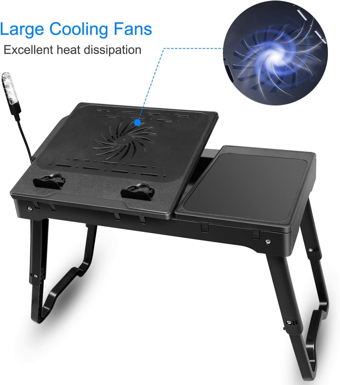 Laptop Desk for Bed, Adjustable Laptop Bed Table with Fan, Portable Lap Desk with Foldable Legs, Laptop Stand for Couch Sofa Bed Tray with LED Light, 4 USB Ports, Storage, Mouse Pad - Image 3