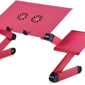 Adjustable Laptop Stand, Portable Foldable Aluminum Laptop Table Riser Stand Up/Sitting Desk with 2 Large Cooling Fans, Mouse Pad and USB Cord for Bed Sofa Couch Writing Reading Studying (Rose Red)