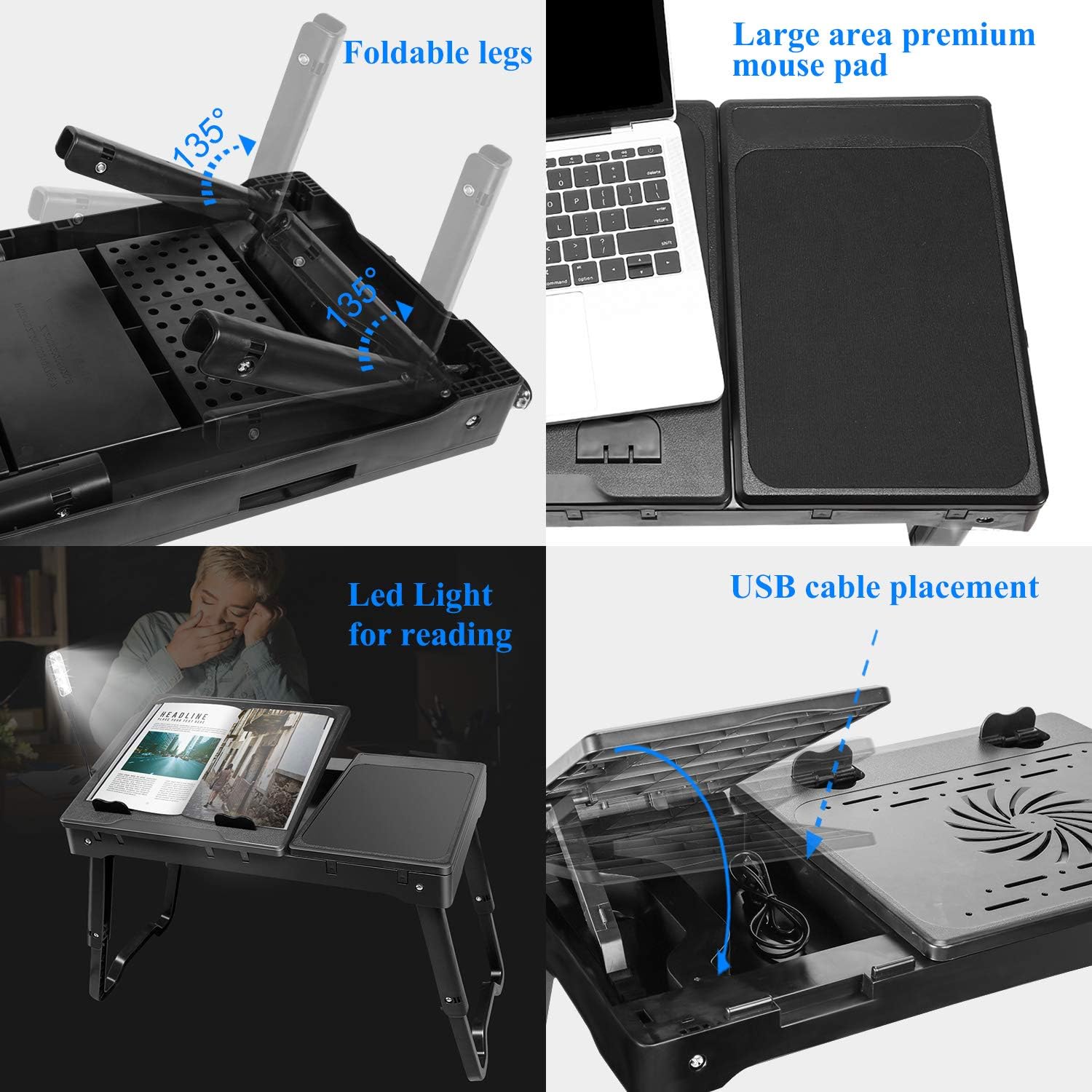 Laptop Desk for Bed, Adjustable Laptop Bed Table with Fan, Portable Lap Desk with Foldable Legs, Laptop Stand for Couch Sofa Bed Tray with LED Light, 4 USB Ports, Storage, Mouse Pad - Image 5