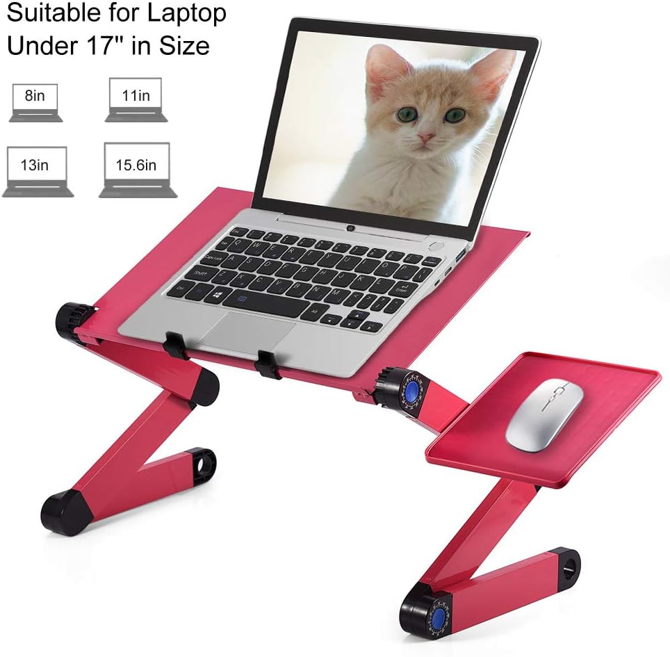 Adjustable Laptop Stand, Portable Foldable Aluminum Laptop Table Riser Stand Up/Sitting Desk with 2 Large Cooling Fans, Mouse Pad and USB Cord for Bed Sofa Couch Writing Reading Studying (Rose Red) - Image 6