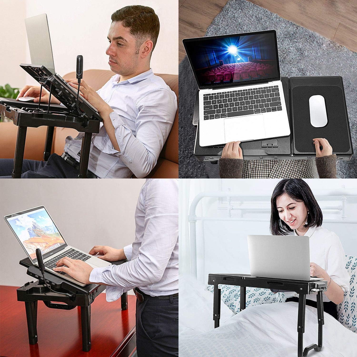 Laptop Desk for Bed, Adjustable Laptop Bed Table with Fan, Portable Lap Desk with Foldable Legs, Laptop Stand for Couch Sofa Bed Tray with LED Light, 4 USB Ports, Storage, Mouse Pad - Image 2