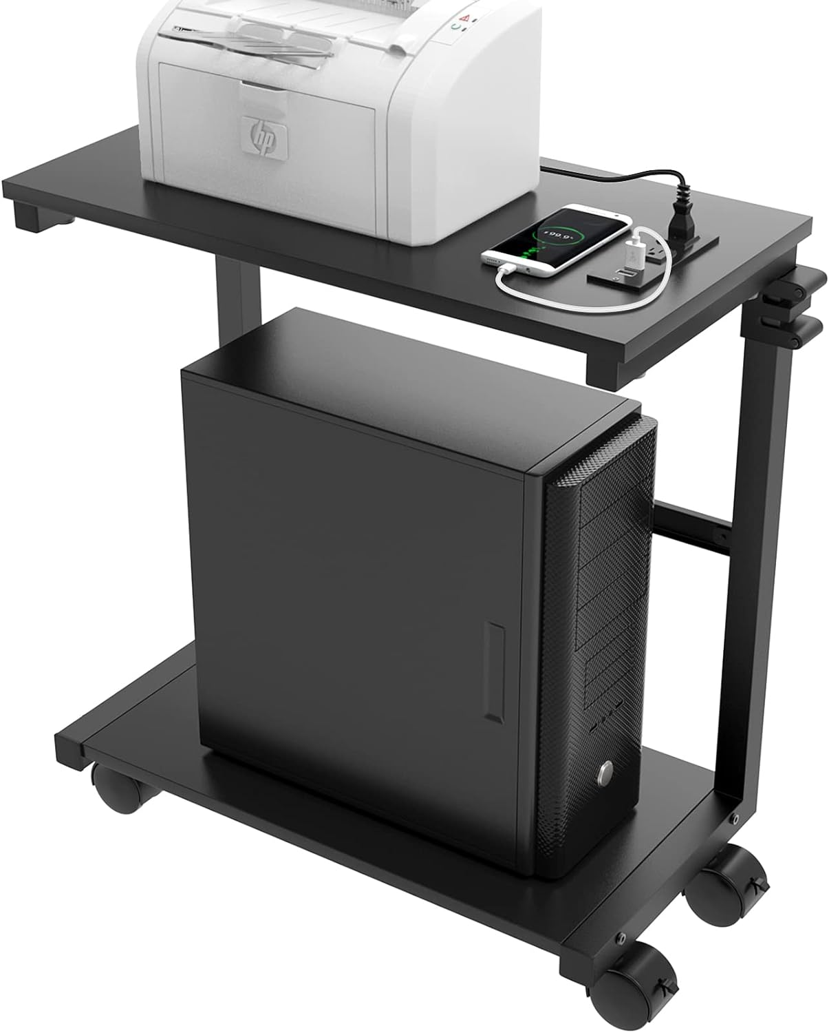 Computer Tower Stand Stepless Height Adjustable Computer Tower Cart and PC Stand with Socket and USB Charging Port, Under Desk CPU Stand - 2 Tier