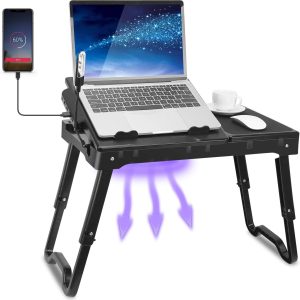 Laptop Desk for Bed, Adjustable Laptop Bed Table with Fan, Portable Lap Desk with Foldable Legs, Laptop Stand for Couch Sofa Bed Tray with LED Light, 4 USB Ports, Storage, Mouse Pad