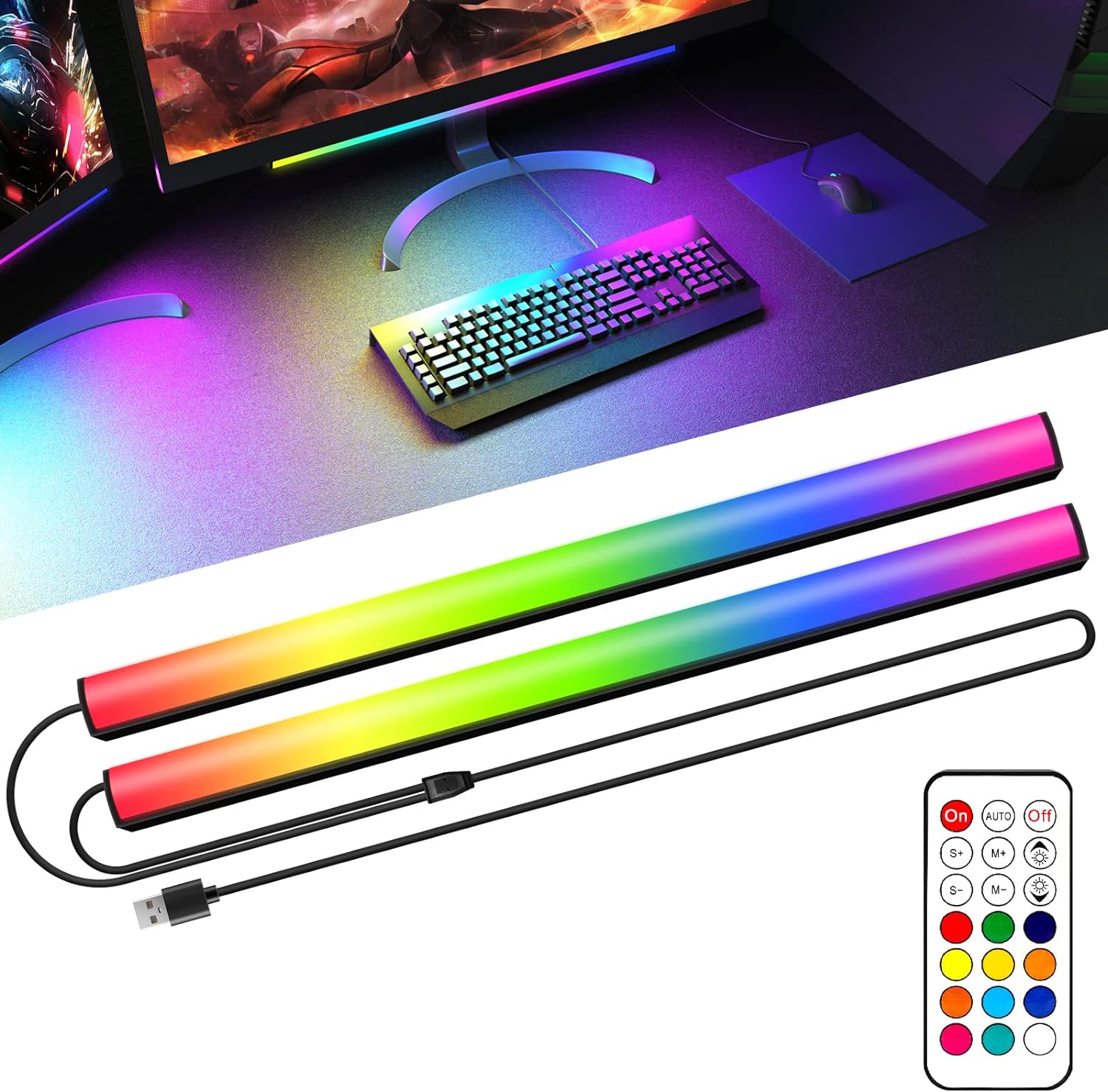 2-in-1 Under Monitor Light Bar, 2 PCS Screenbar Light Desk Lamp Computer with Remote Controller Color Changing, LED Dynamic Rainbow Effect USB Powered for PC Setup, Keyboard Light, Gaming Room - Image 2