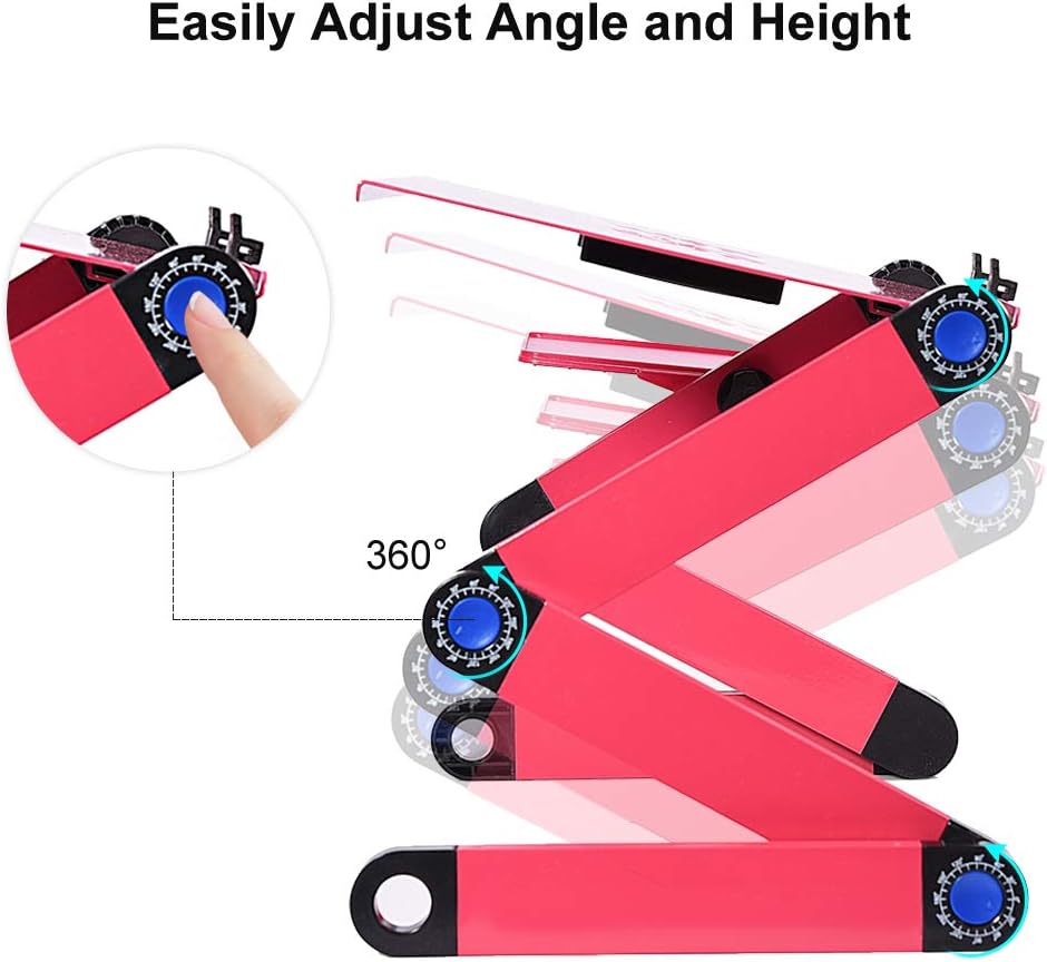 Adjustable Laptop Stand, Portable Foldable Aluminum Laptop Table Riser Stand Up/Sitting Desk with 2 Large Cooling Fans, Mouse Pad and USB Cord for Bed Sofa Couch Writing Reading Studying (Rose Red) - Image 4
