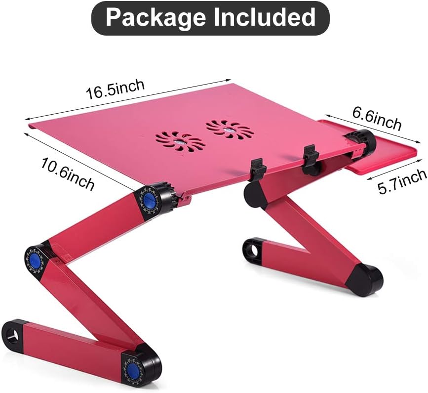Adjustable Laptop Stand, Portable Foldable Aluminum Laptop Table Riser Stand Up/Sitting Desk with 2 Large Cooling Fans, Mouse Pad and USB Cord for Bed Sofa Couch Writing Reading Studying (Rose Red) - Image 7