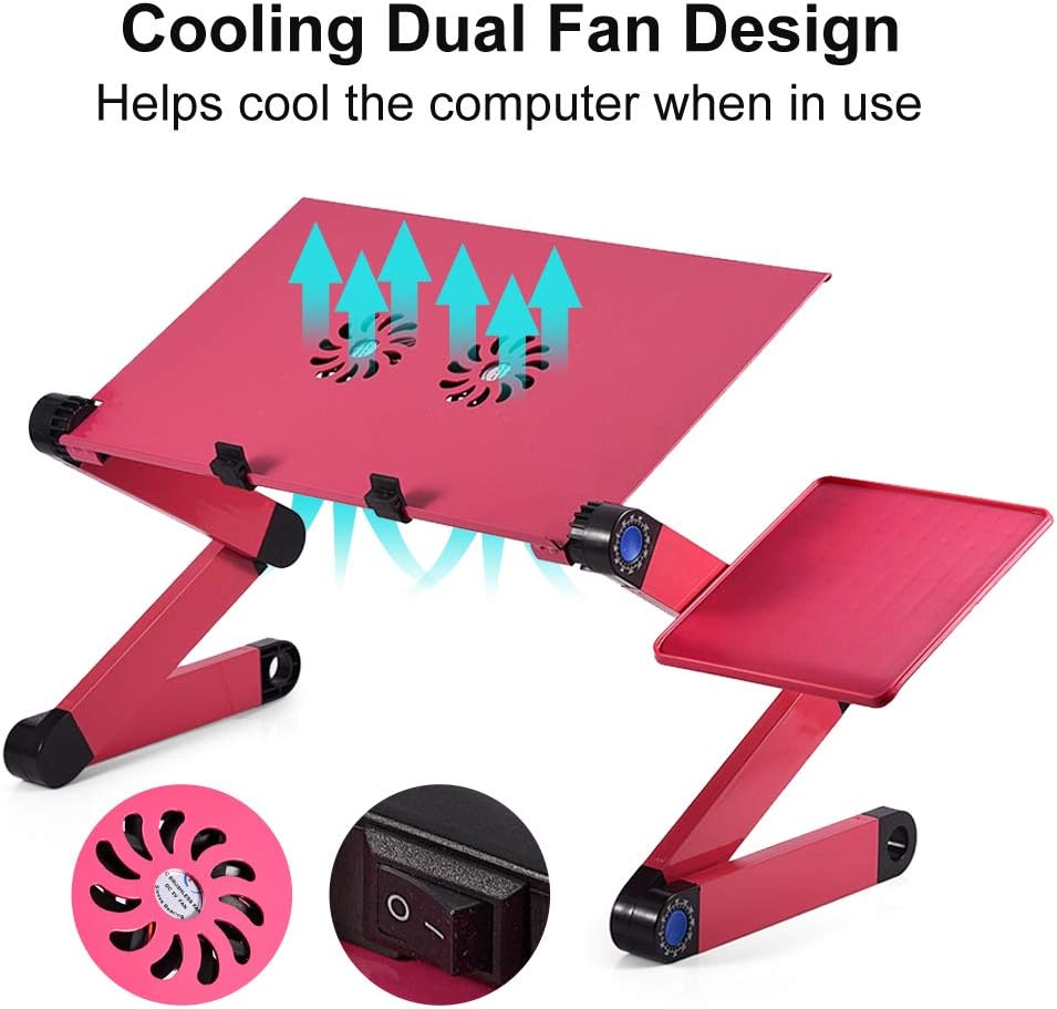 Adjustable Laptop Stand, Portable Foldable Aluminum Laptop Table Riser Stand Up/Sitting Desk with 2 Large Cooling Fans, Mouse Pad and USB Cord for Bed Sofa Couch Writing Reading Studying (Rose Red) - Image 3
