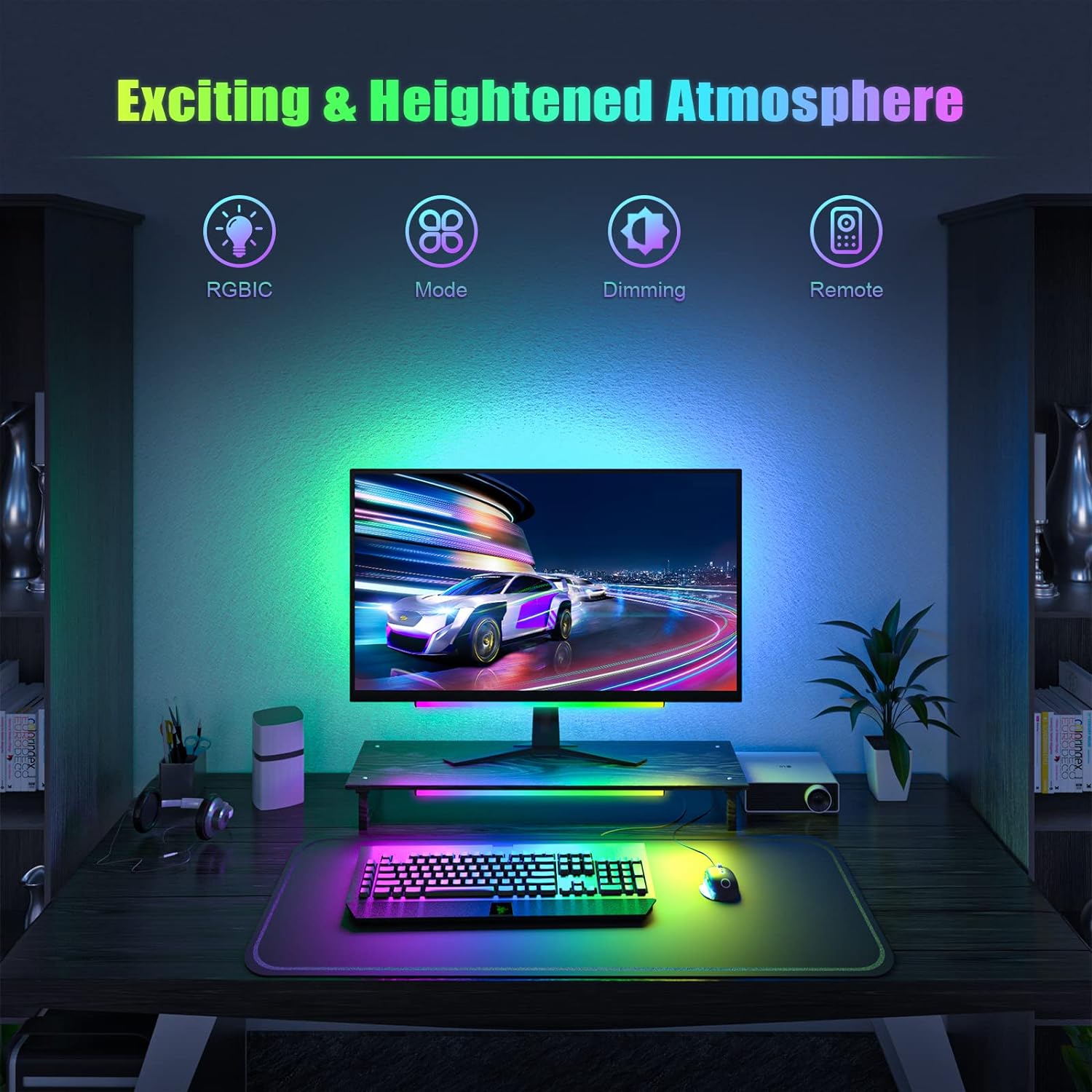 2-in-1 Under Monitor Light Bar, 2 PCS Screenbar Light Desk Lamp Computer with Remote Controller Color Changing, LED Dynamic Rainbow Effect USB Powered for PC Setup, Keyboard Light, Gaming Room - Image 3