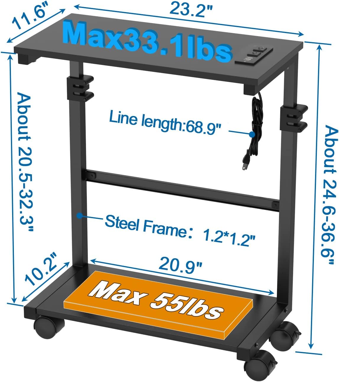 Computer Tower Stand Stepless Height Adjustable Computer Tower Cart and PC Stand with Socket and USB Charging Port, Under Desk CPU Stand - 2 Tier - Image 6